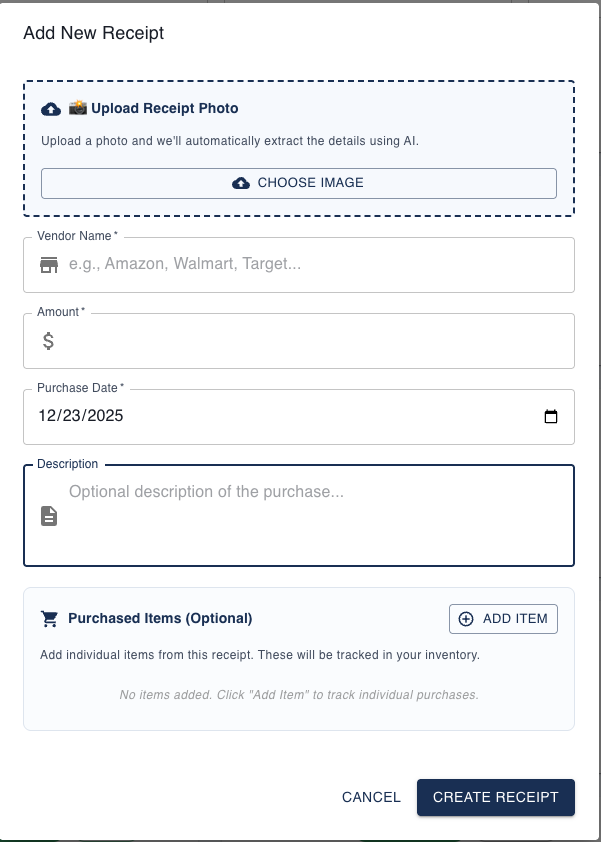 Add Receipt modal showing photo upload and manual text entry options on Dashboard