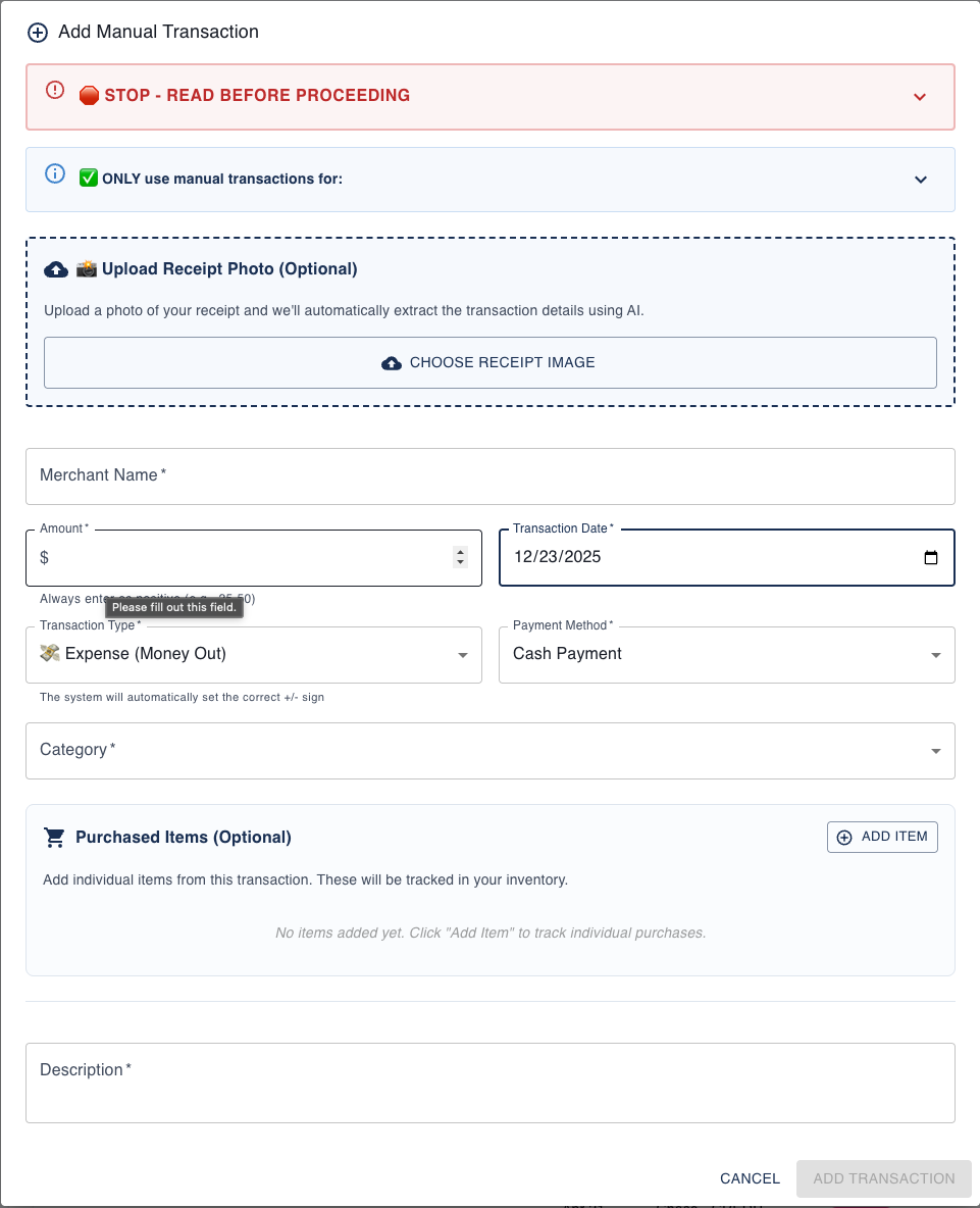 Add Transaction modal showing merchant, amount, date, and category fields on Dashboard