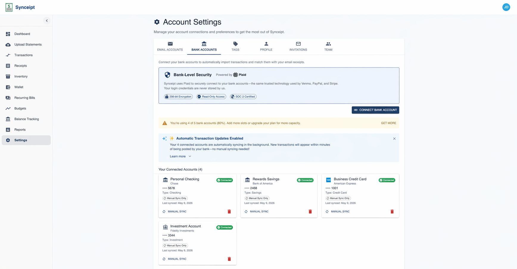 Bank Accounts settings page showing connected Plaid accounts with transaction sync status, manual sync buttons, and capacity indicators