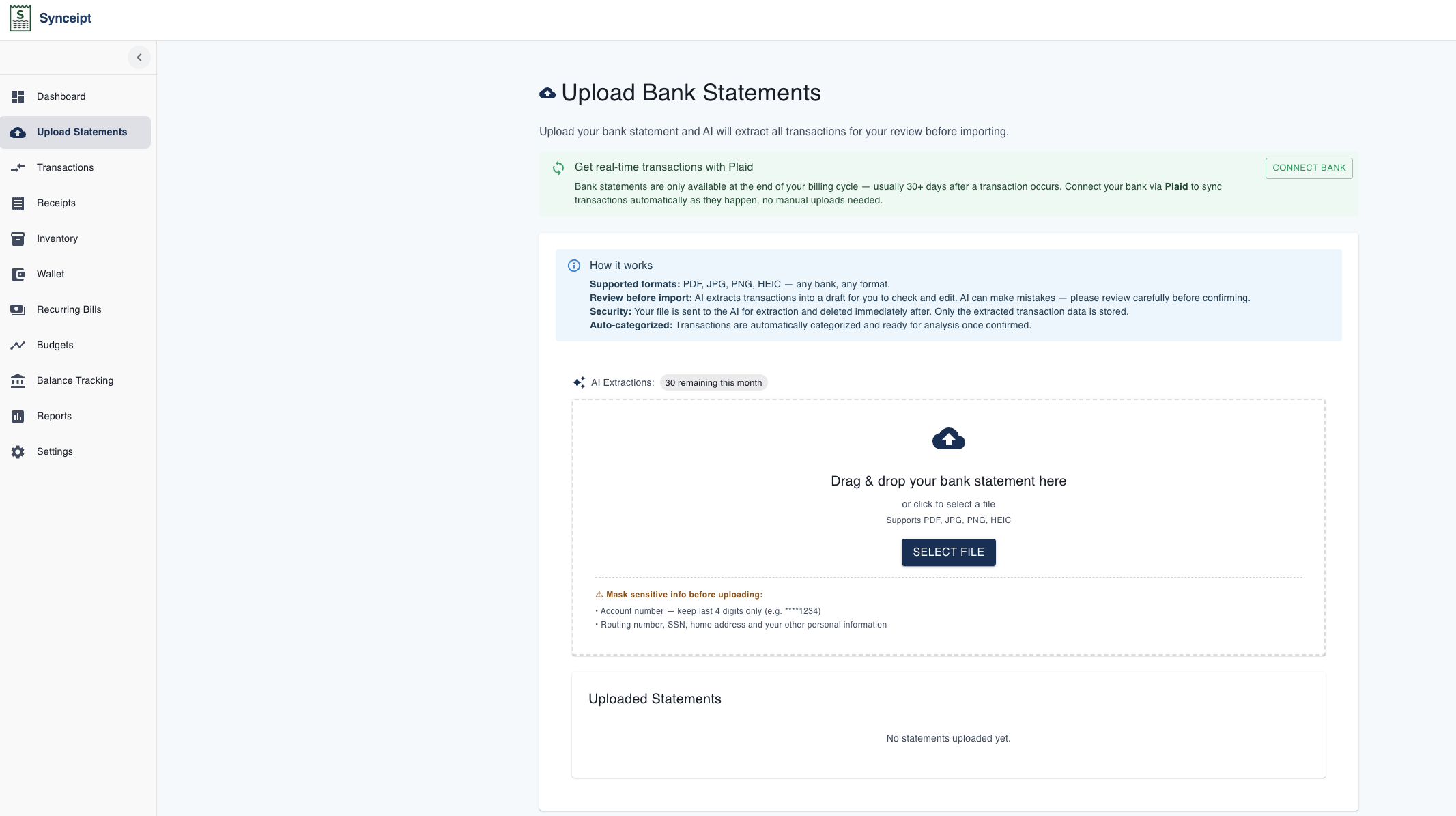 Upload Bank Statements page showing drag-and-drop zone, file selection button, and privacy reminders about masking sensitive information