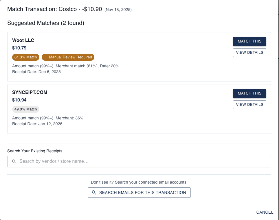 Match Transaction modal showing suggested matches with confidence scores, match reasons, and options to search existing receipts or email accounts